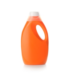 Photo of Bottle with detergent on white background. Cleaning supplies