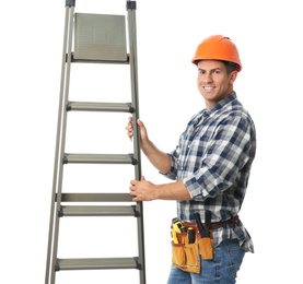 Photo of Professional builder with metal ladder on white background