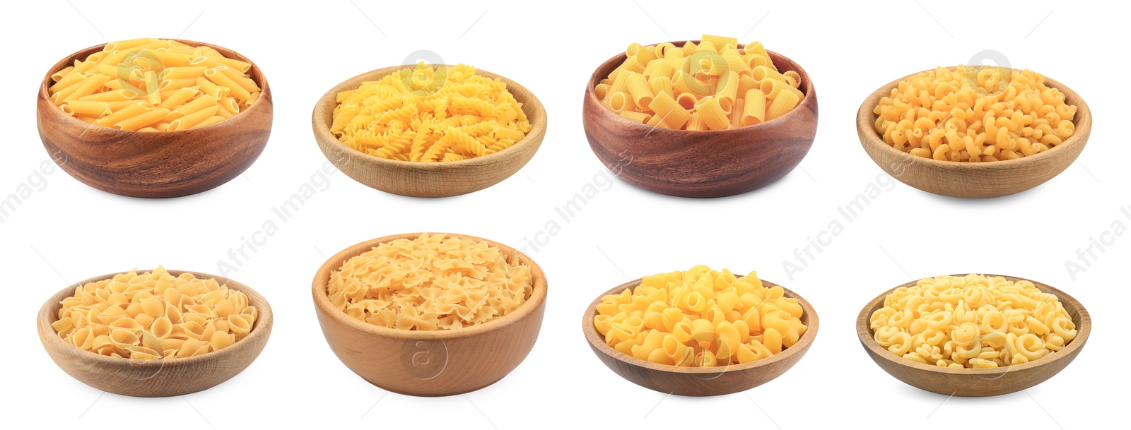 Image of Different types of pasta in bowls isolated on white, set