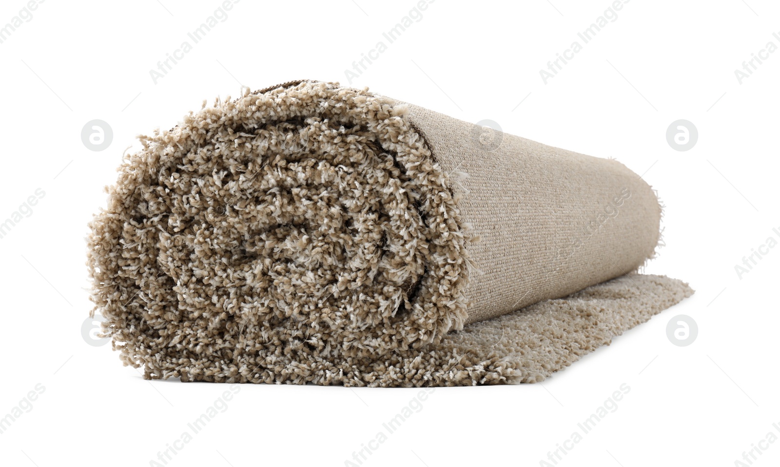 Photo of Rolled fuzzy carpet on white background. Interior element