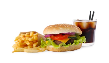 Photo of Delicious burger, soda drink and french fries on white background