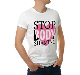 Image of Man in t-shirt with words Stop Body Shaming on white background, closeup