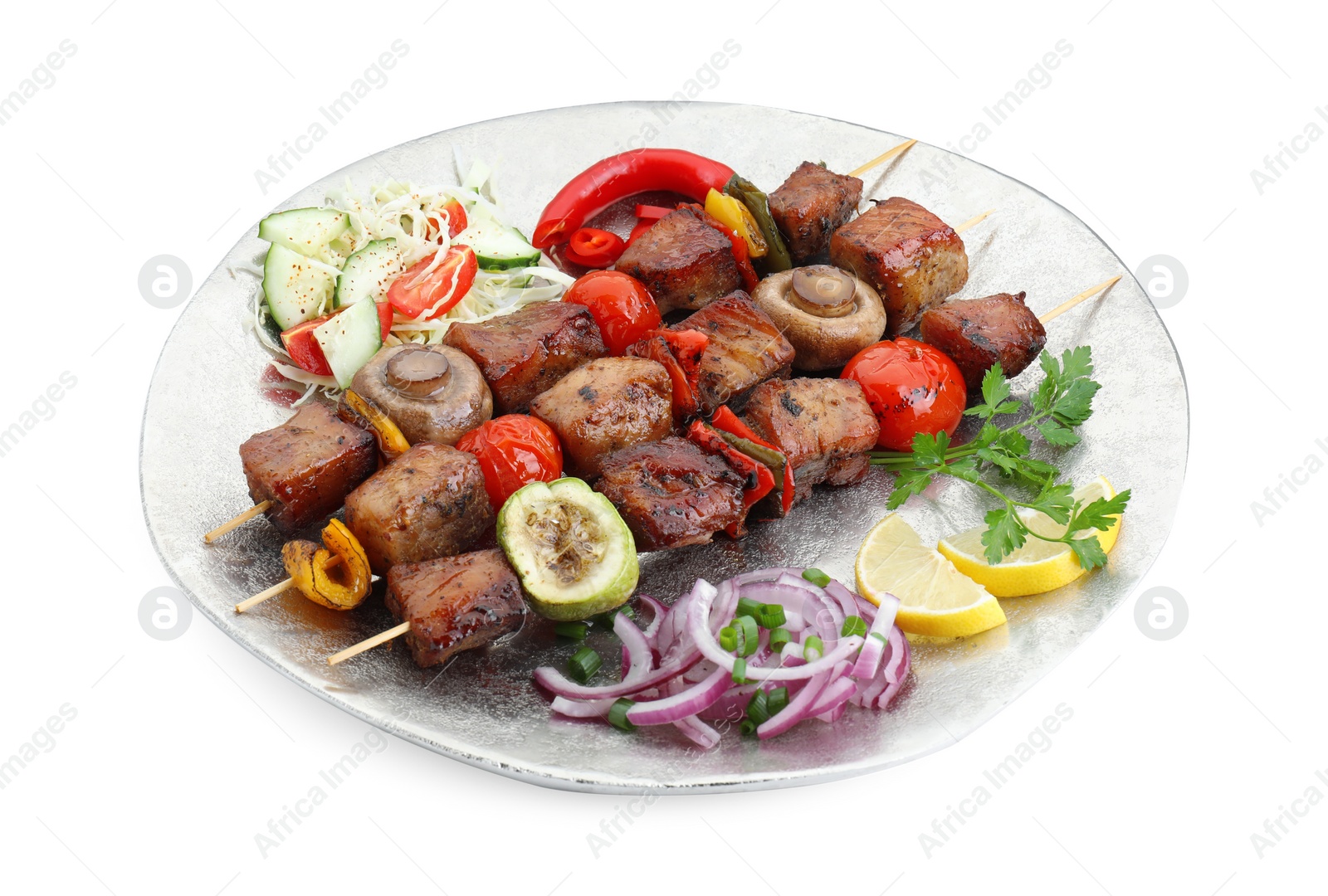 Photo of Plate of delicious shish kebabs with vegetables isolated on white