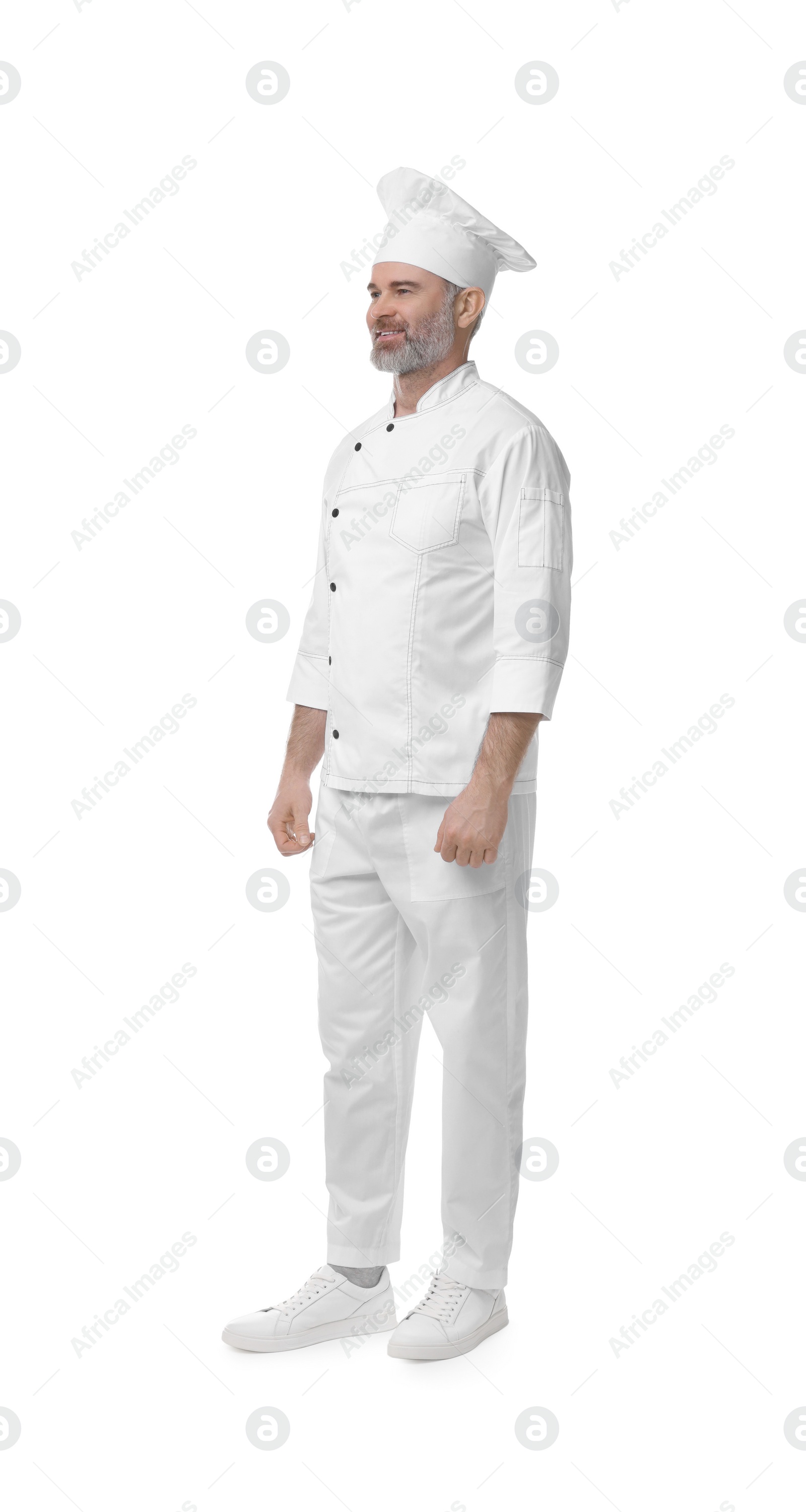 Photo of Happy chef in uniform on white background