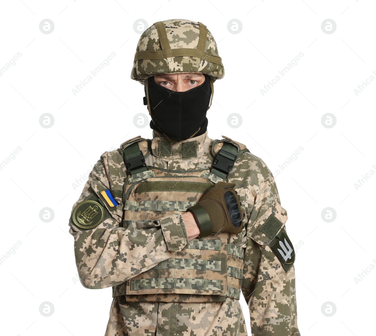 Photo of Ukrainian soldier in military uniform, helmet and balaclava on white background