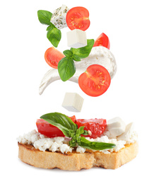 Image of Tasty bruschetta with flying ingredients on white background