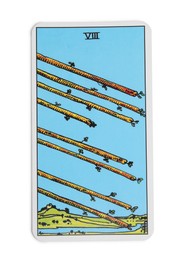 Photo of Eight of Wands isolated on white. Tarot card