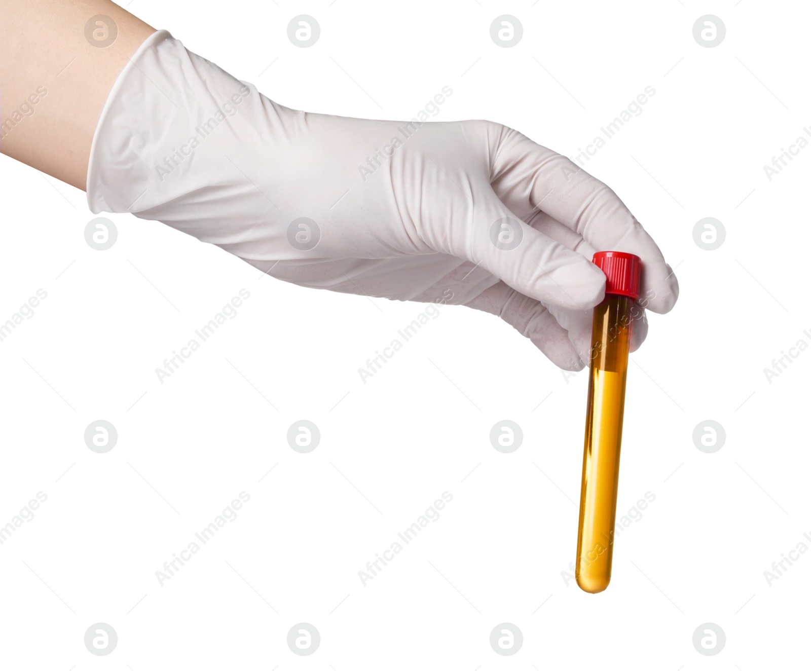 Photo of Woman holding test tube with brown liquid on white background, closeup