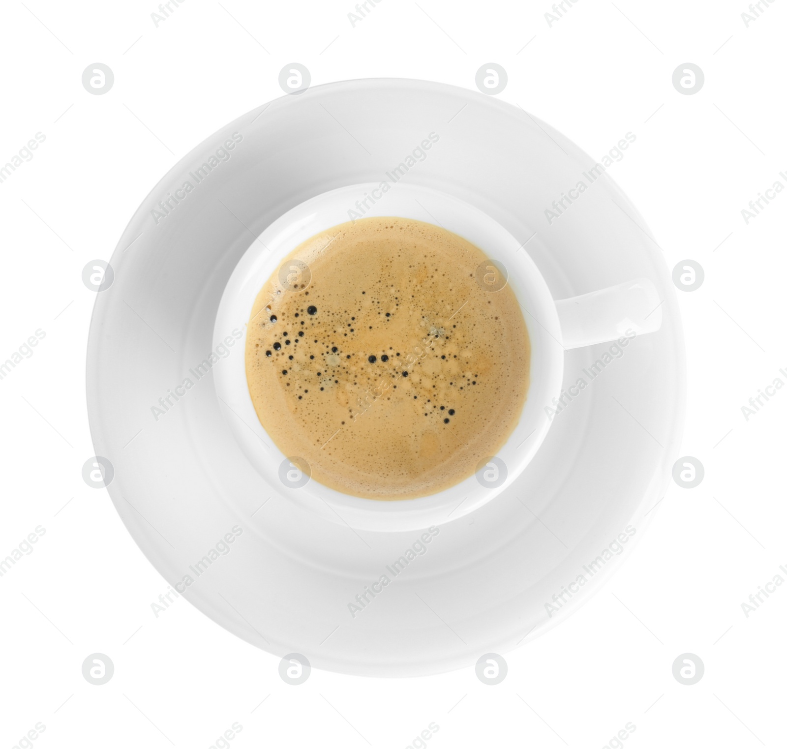 Photo of Cup of tasty coffee isolated on white, top view