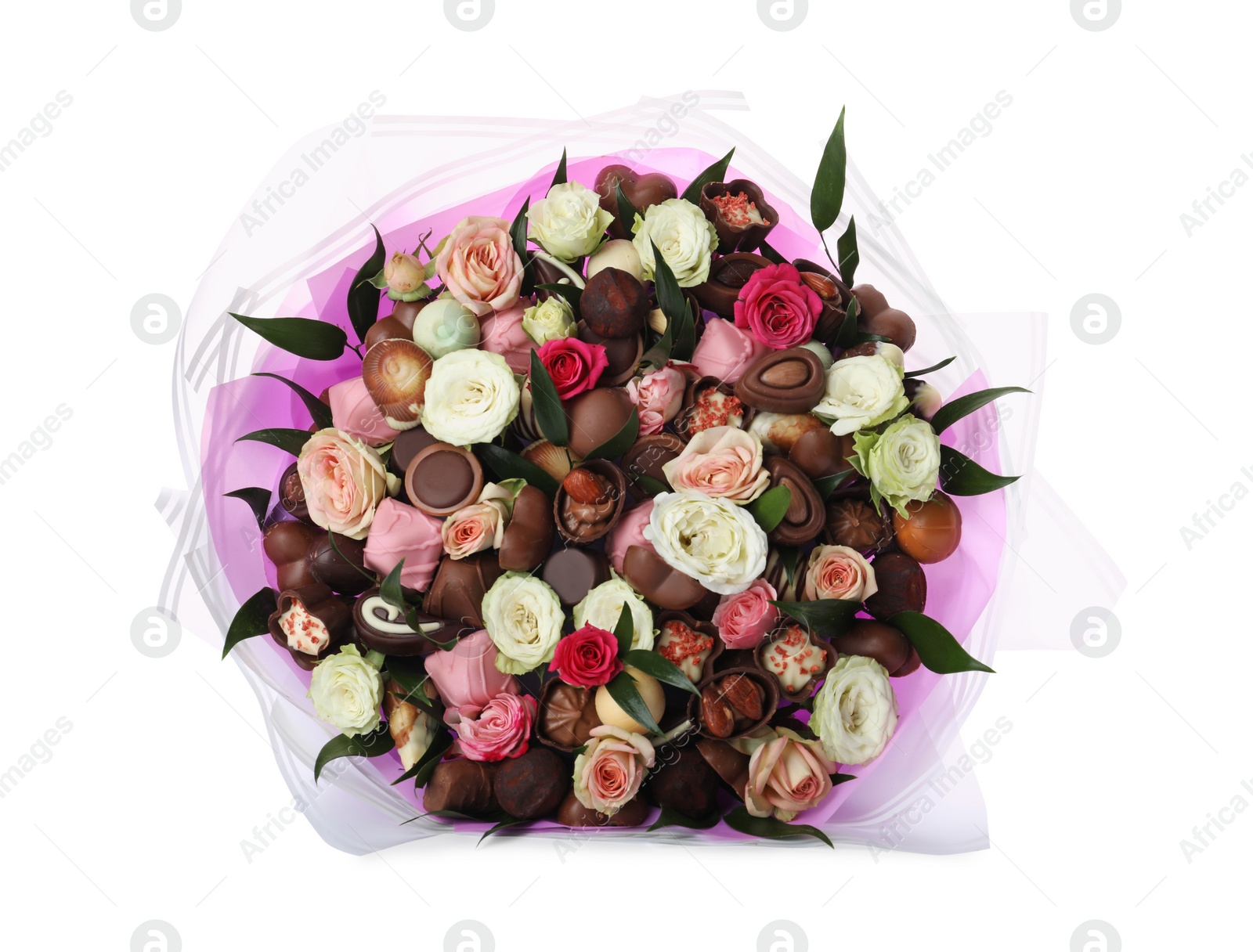 Photo of Beautiful bouquet of flowers and chocolate candies isolated on white