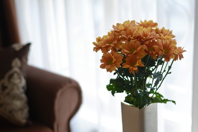 Photo of Bouquet of beautiful chrysanthemum flowers in vase indoors, closeup. Space for text