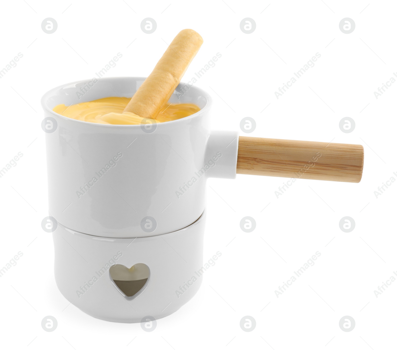 Photo of Pot of tasty cheese fondue with bread stick isolated on white