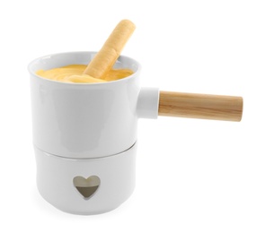 Photo of Pot of tasty cheese fondue with bread stick isolated on white