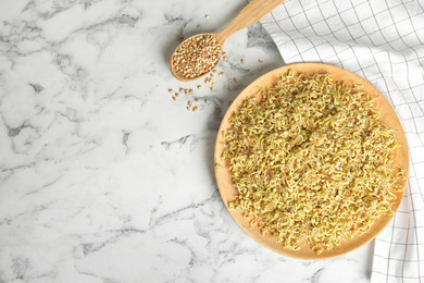 Flat lay composition with green buckwheat on white marble table, space for text