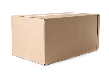 Photo of Cardboard box on white background. Mockup for design