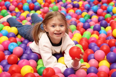 Photo of Happy little girl lying on colorful balls in ball pit