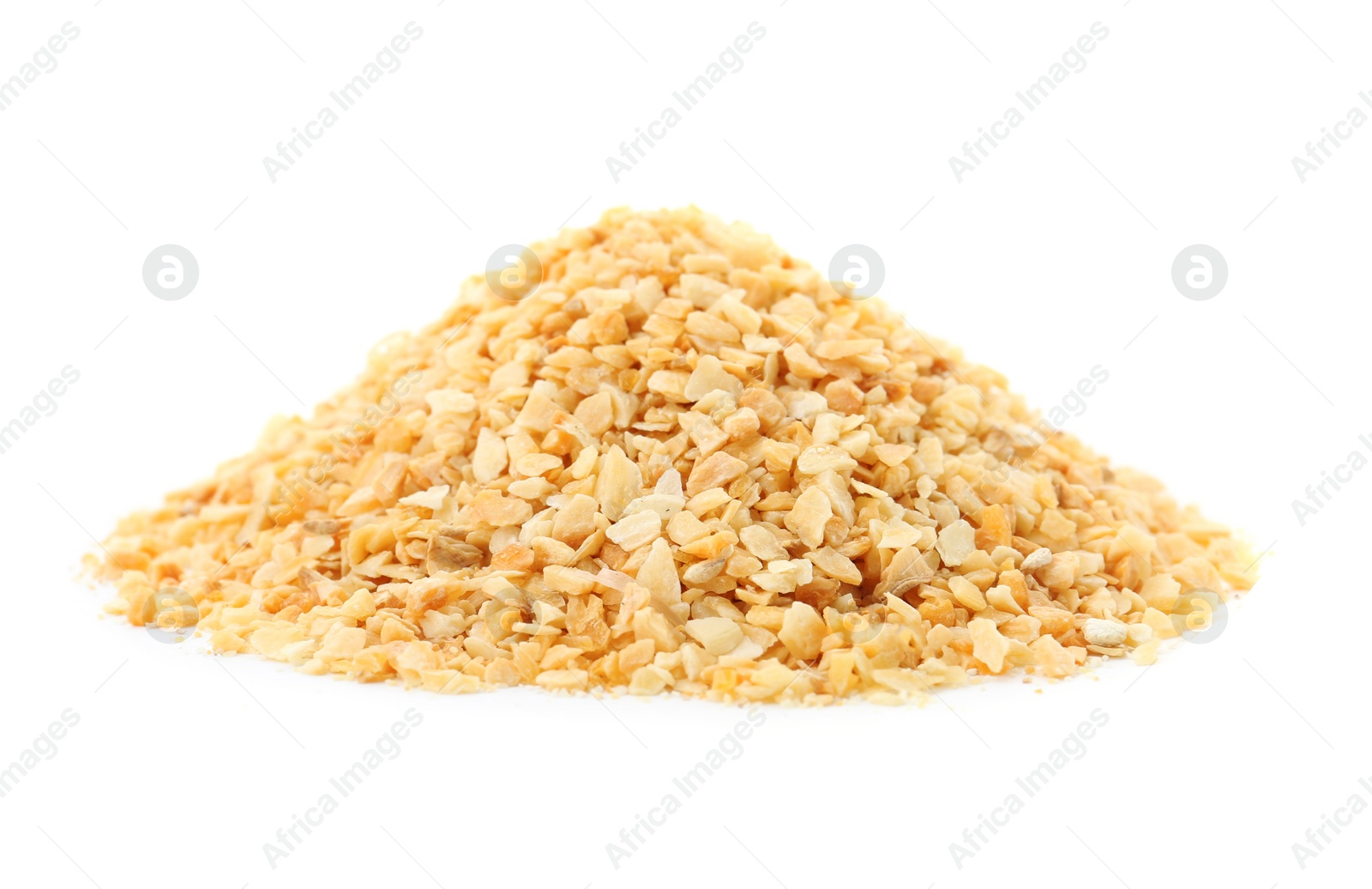 Photo of Pile of granulated dry garlic on white background