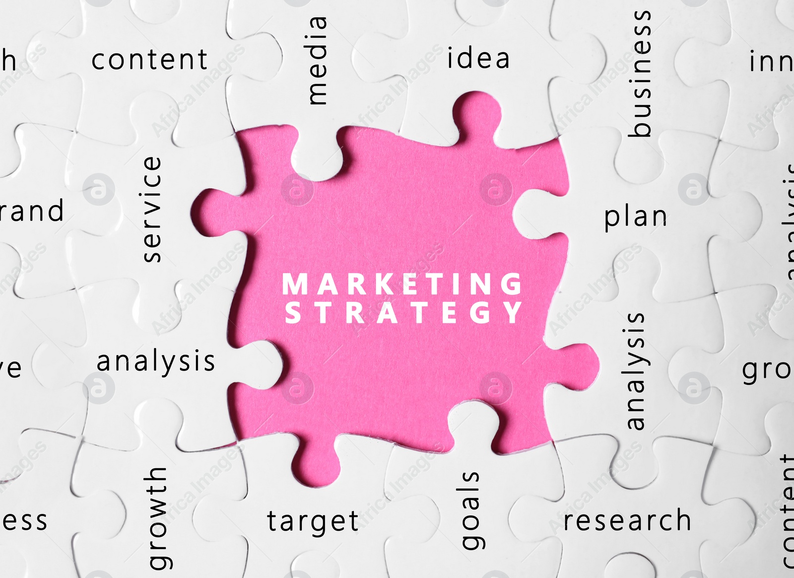 Image of Business concept. White puzzle pieces with different phrases on pink background, top view 