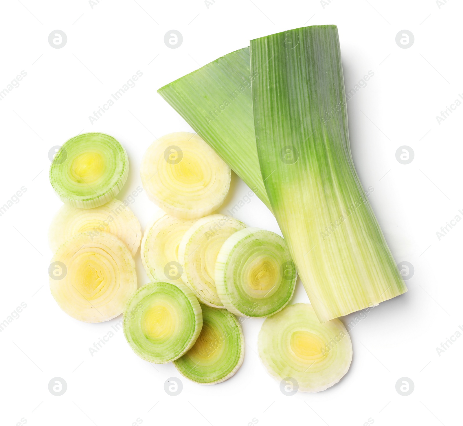 Photo of Fresh raw leek on white background, top view. Ripe onion