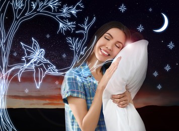 Image of Beautiful Asian woman dreaming about fantastic world and fairy while sleeping, night starry sky on background