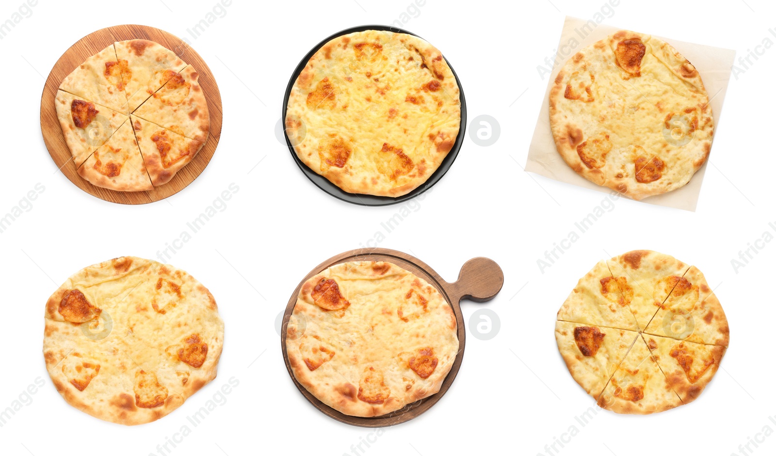 Image of Collage with fresh Megrelian khachapuris on white background, top view