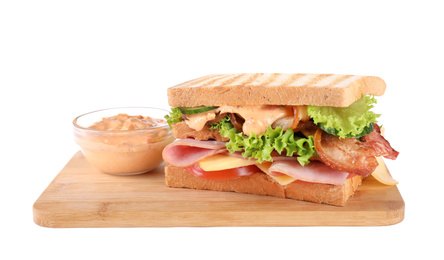 Photo of Tasty sandwich with ham and bacon isolated on white