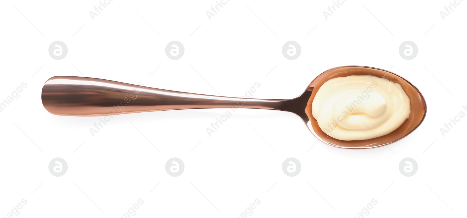 Photo of Spoon with tasty mayonnaise isolated on white, top view