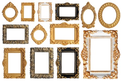 Image of Set of different old fashioned frames on white background