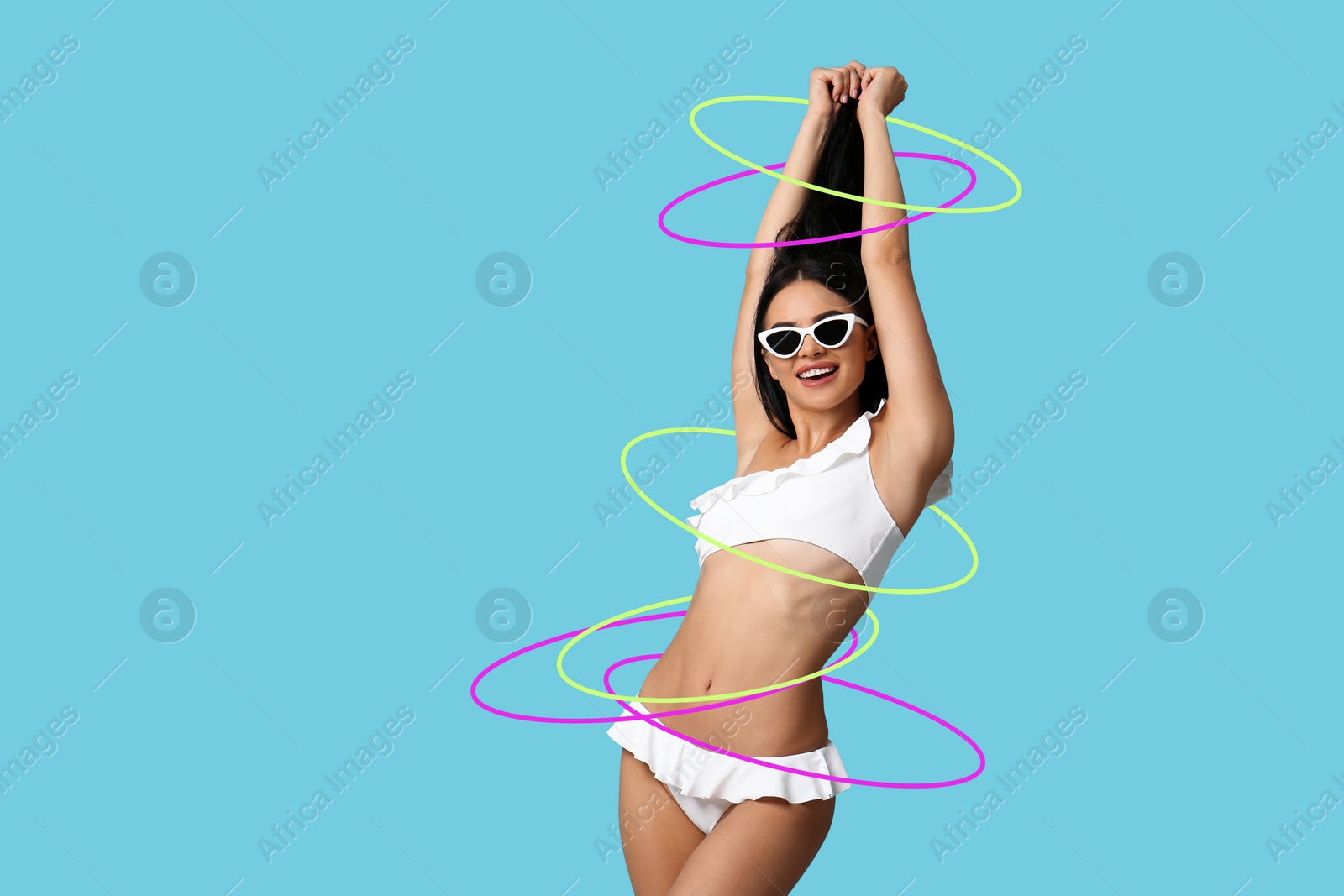 Image of Beautiful woman in swimsuit on light blue background, stylish design. Summer vibes