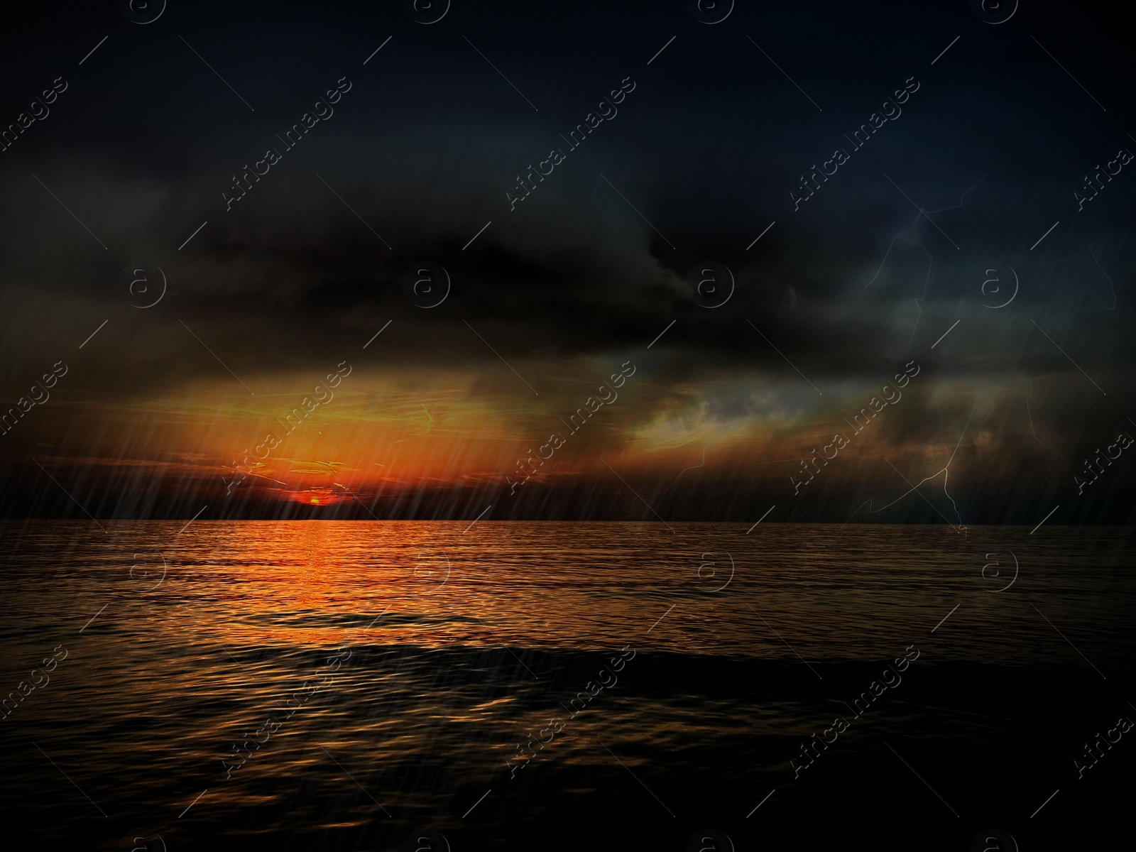 Image of Sea weather. Thunder cloud and heavy rain over water