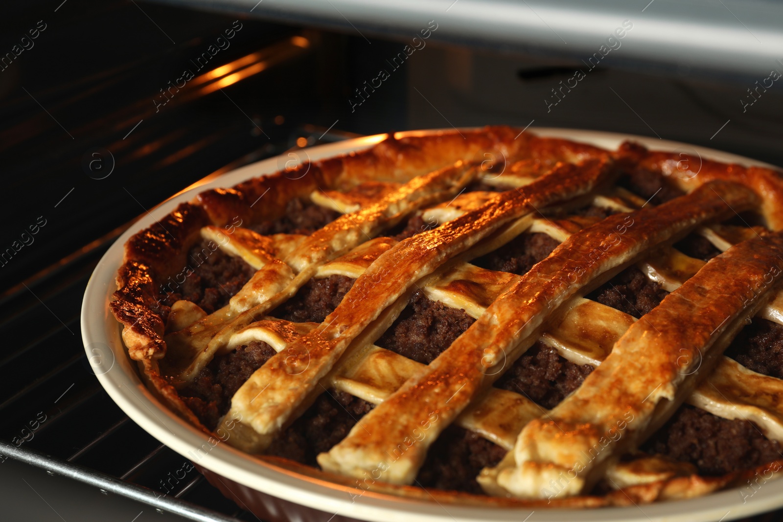 Photo of Delicious meat pie in oven, closeup view