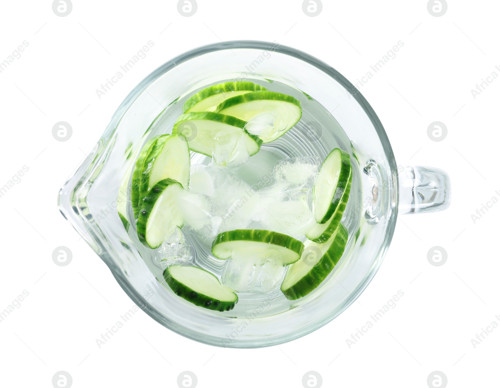 Photo of Jug of fresh cucumber water on white background, top view