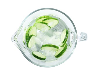 Photo of Jug of fresh cucumber water on white background, top view