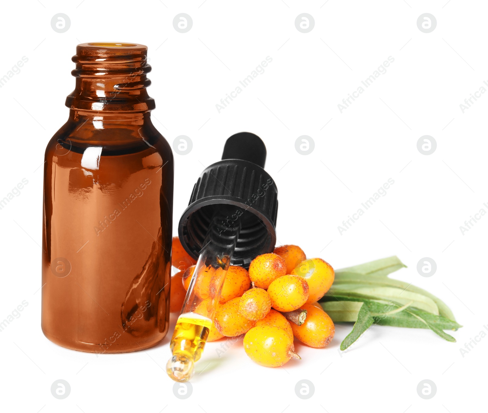 Photo of Natural sea buckthorn oil and fresh berries on white background