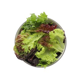 Photo of Bowl with leaves of different lettuce on white background, top view