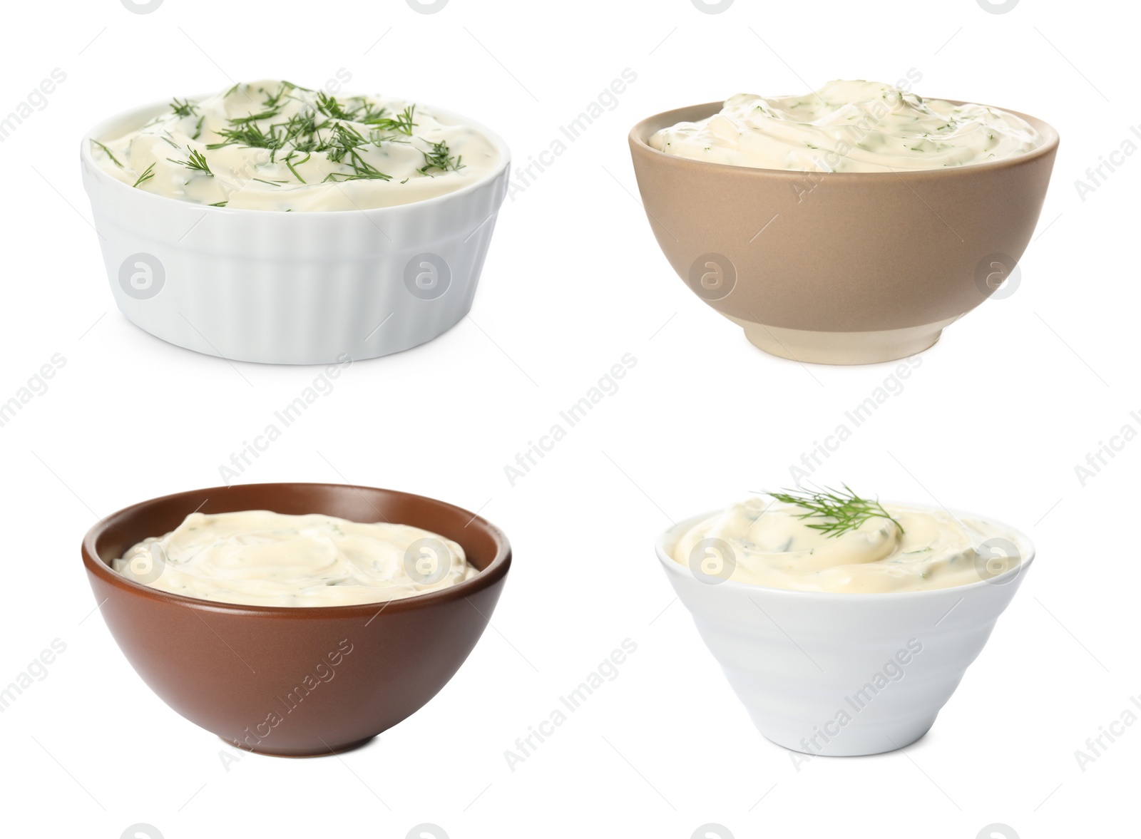 Image of Set with tasty creamy dill sauce on white background