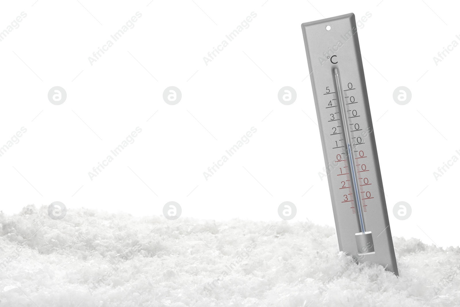 Photo of Weather thermometer in snow against white background