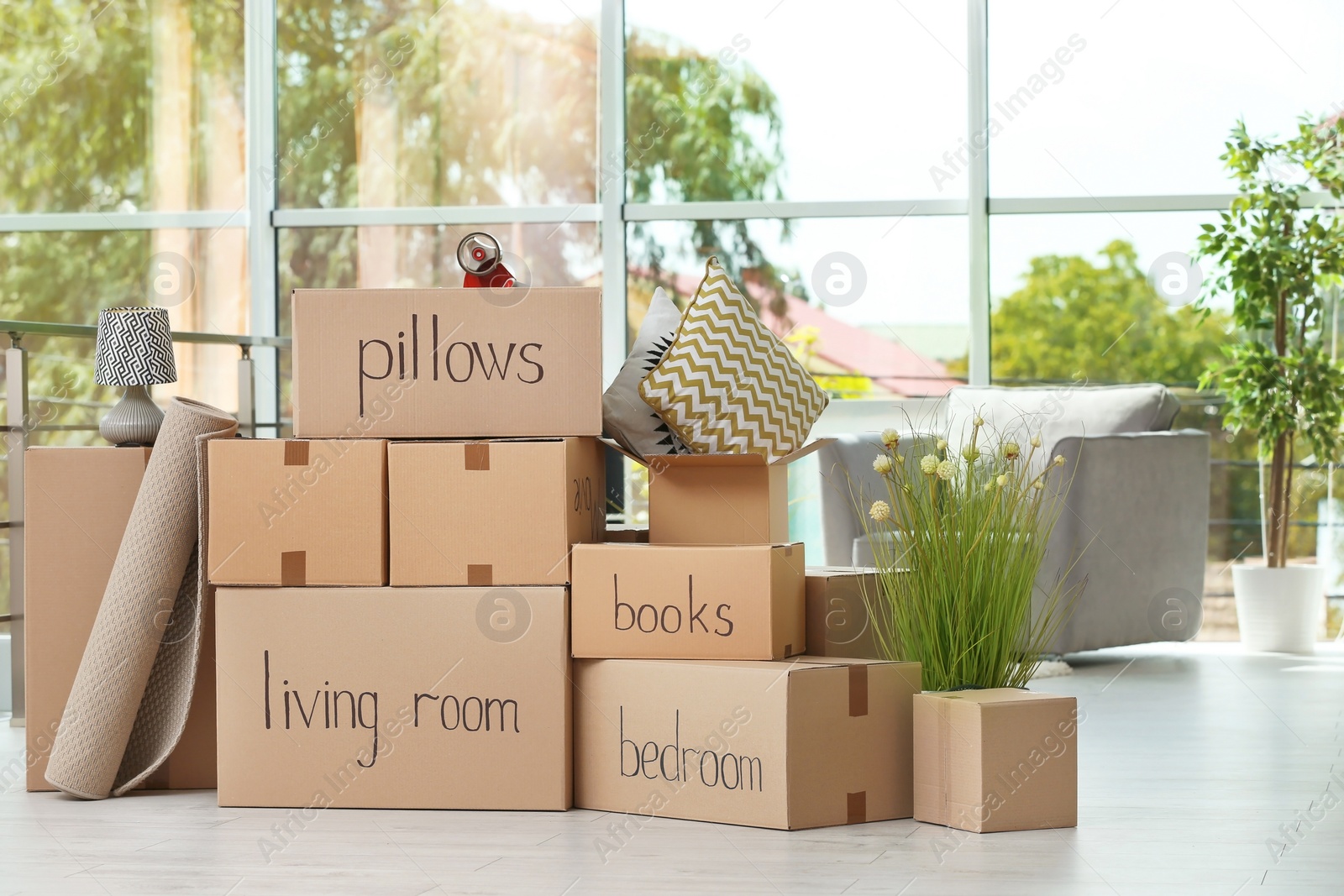 Photo of Cardboard boxes and household stuff indoors. Moving day