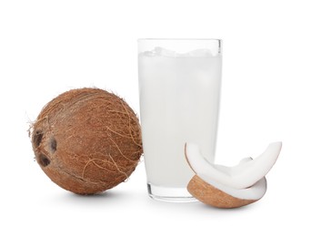 Photo of Glass of coconut water, ice cubes and nuts isolated on white