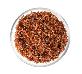 Photo of Bowl with cooked red quinoa isolated on white, top view