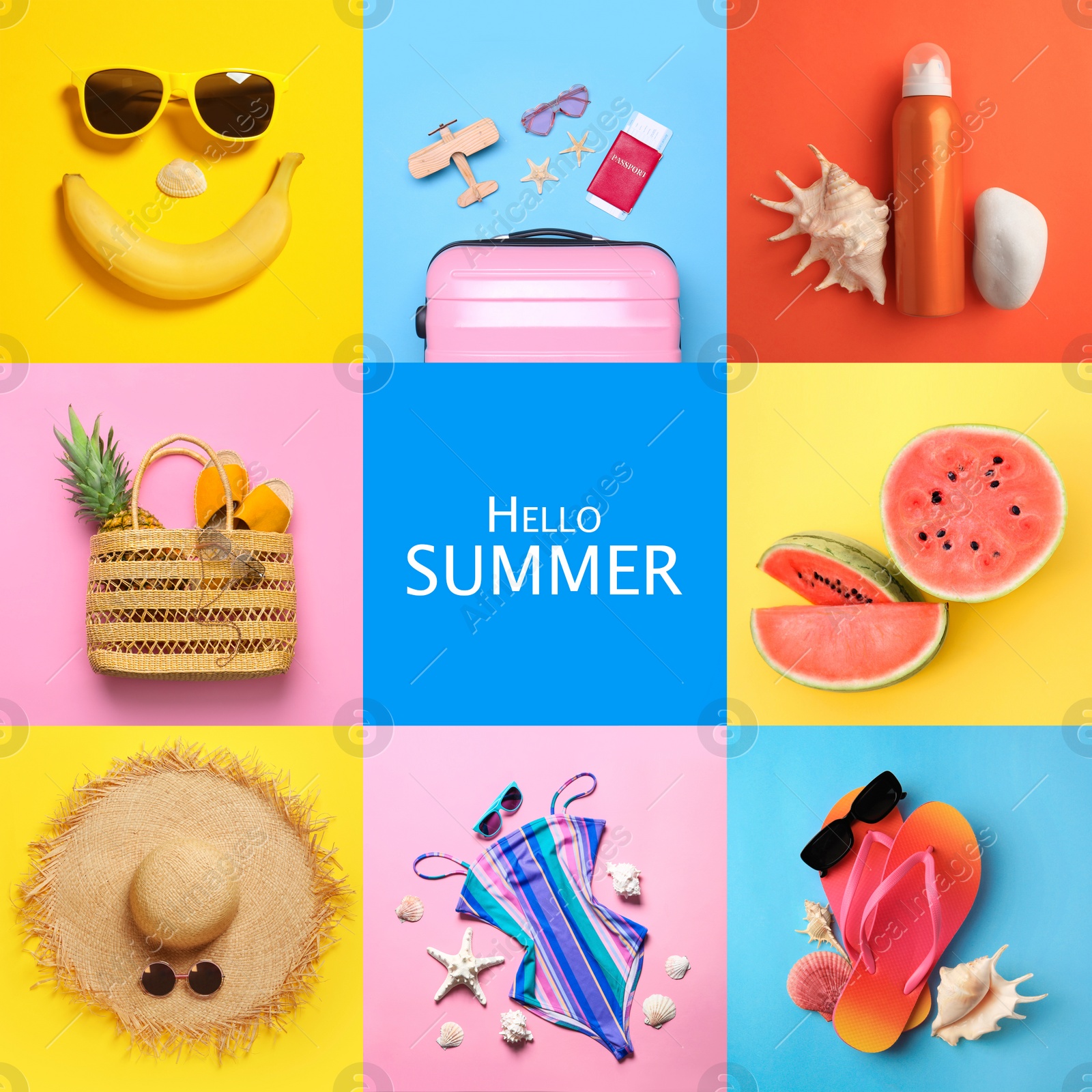 Image of Hello summer. Collage with beach stuff and fruits