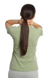 Young woman suffering from neck pain on white background, back view