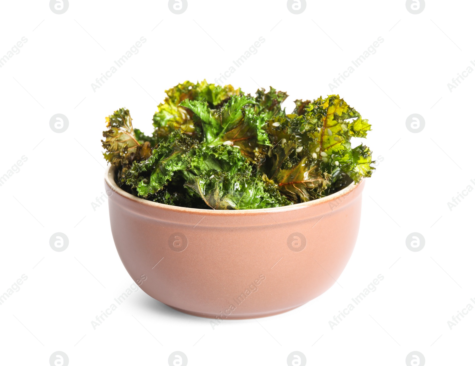 Photo of Tasty baked kale chips isolated on white