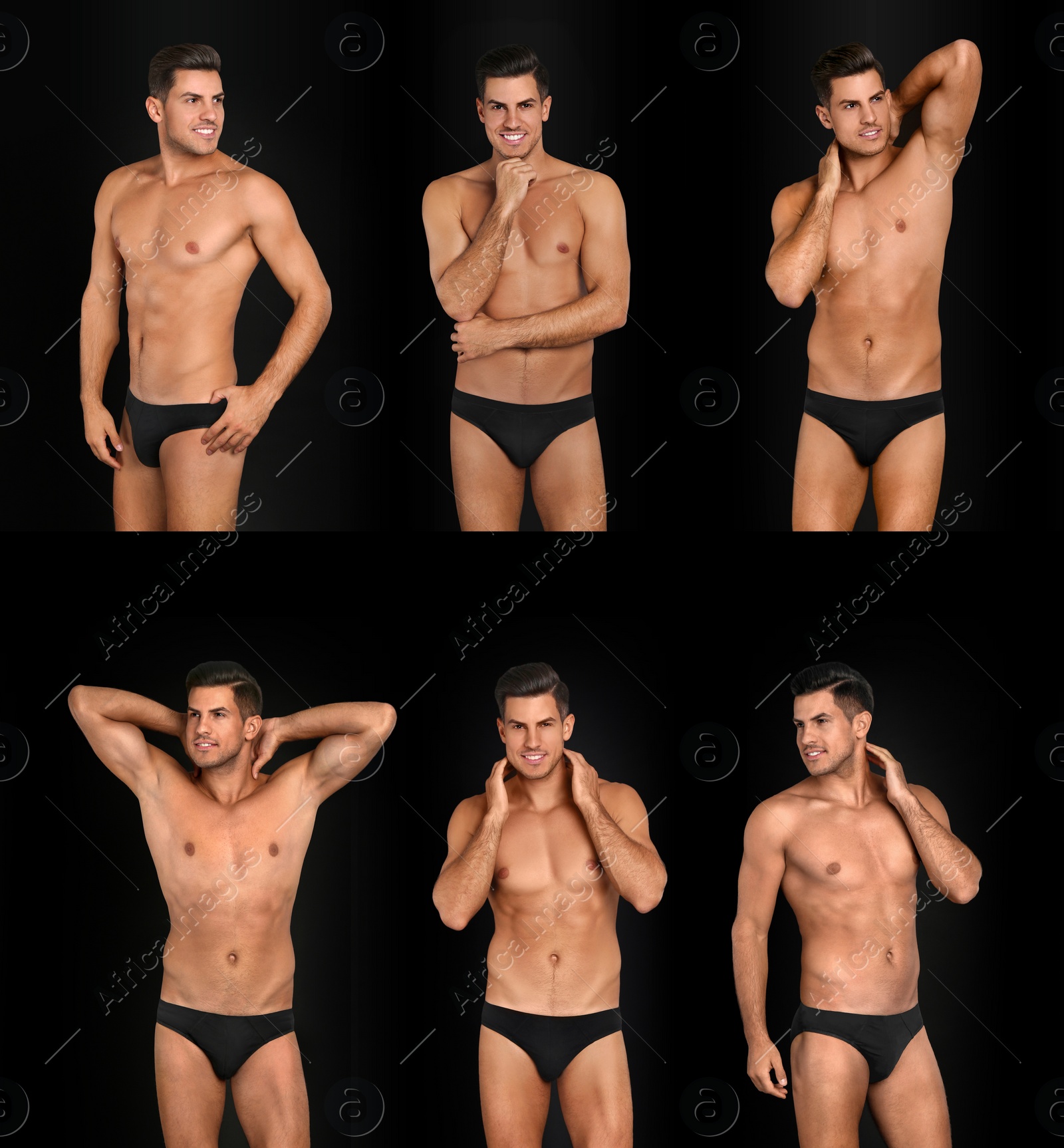 Image of Collage of man in underwear on black background