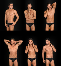 Collage of man in underwear on black background