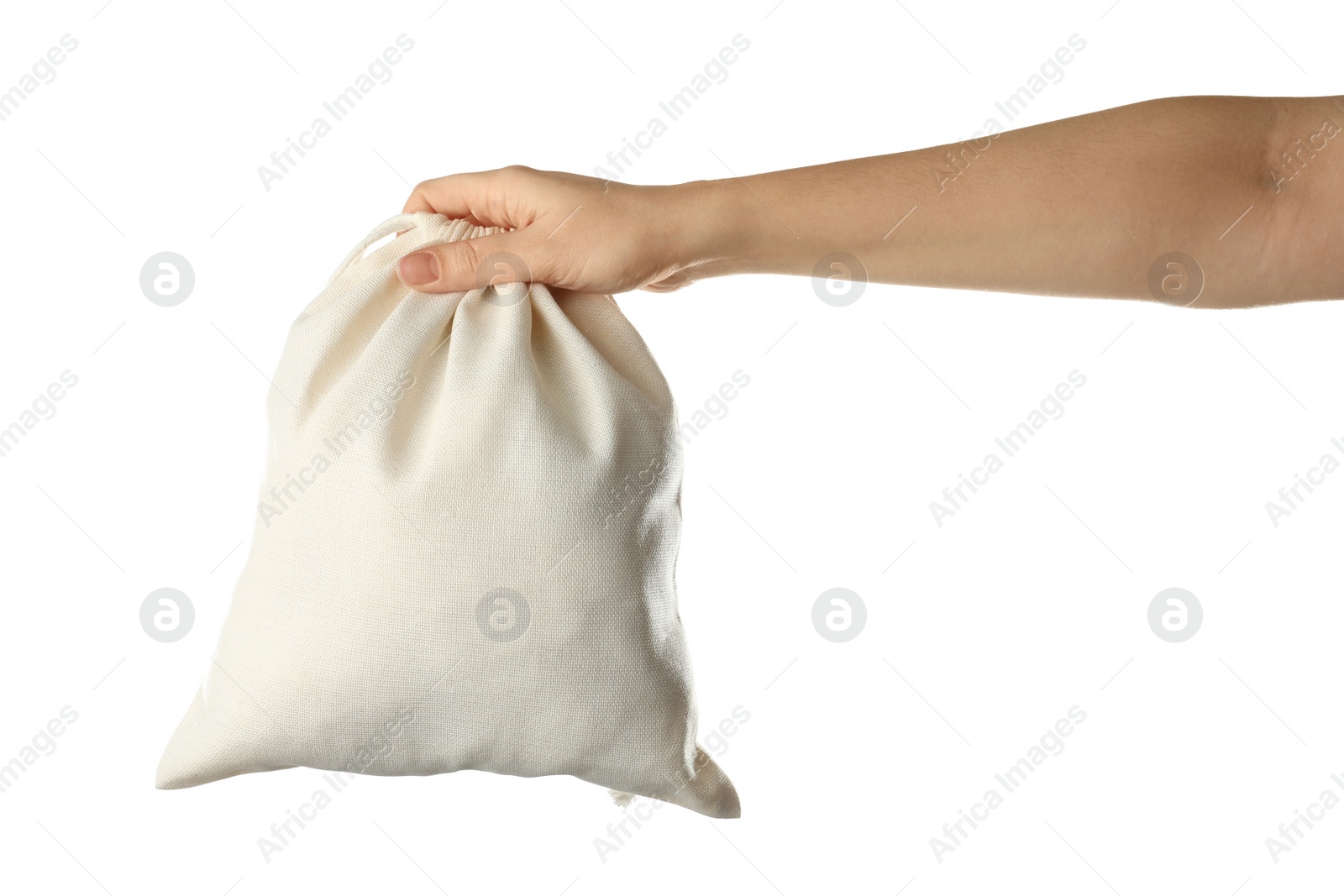 Photo of Woman holding full cotton eco bag on white background, closeup