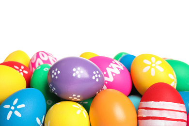 Photo of Colorful Easter eggs with different patterns isolated on white