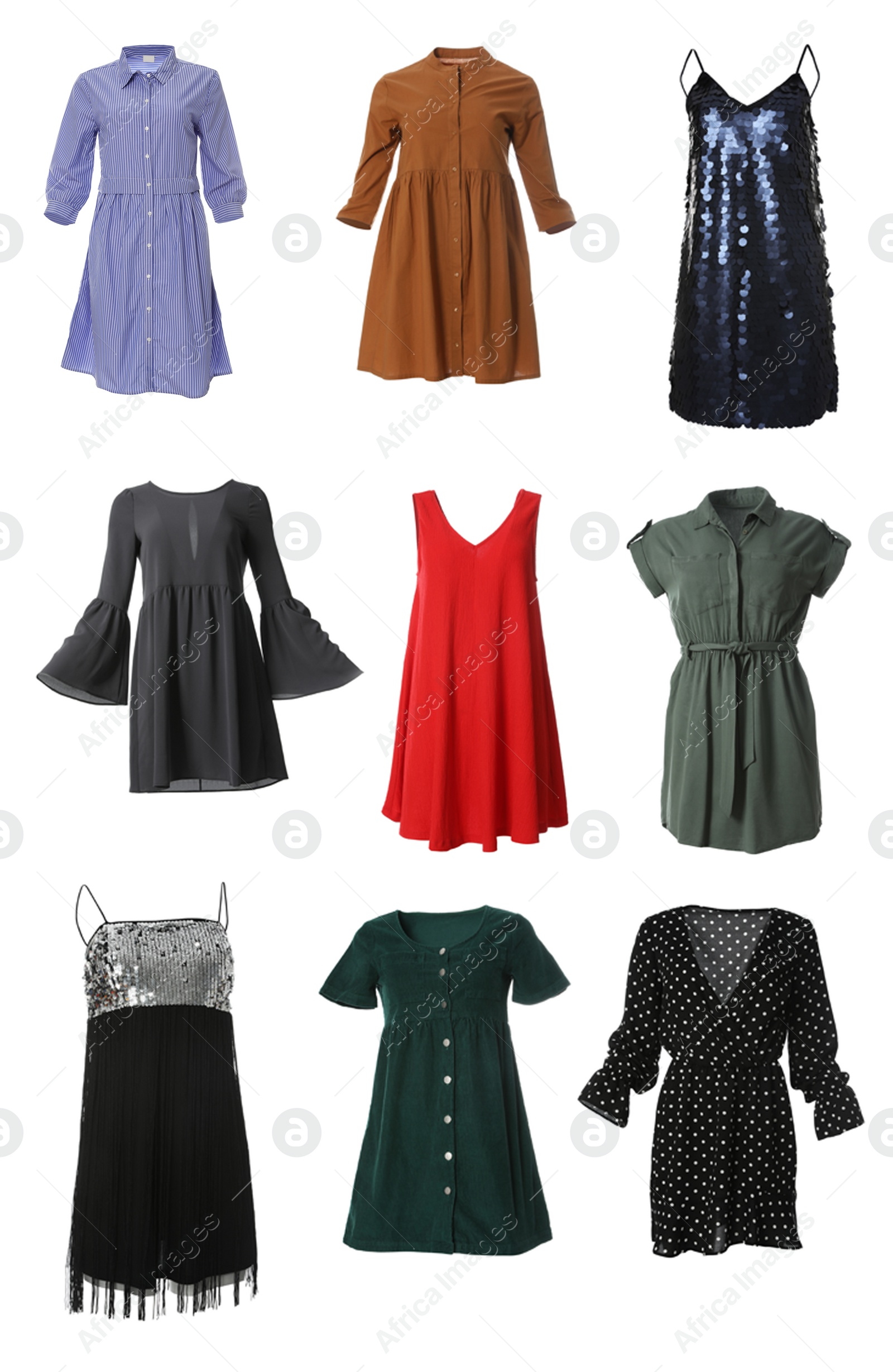 Image of Set of different stylish dresses on white background