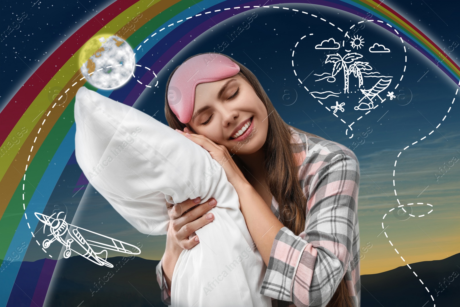 Image of Beautiful woman dreaming about vacation while sleeping, night starry sky on background 