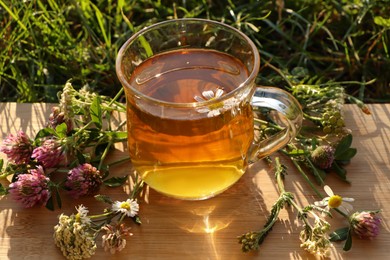 Photo of Cup of aromatic herbal tea and different wildflowers on green grass outdoors